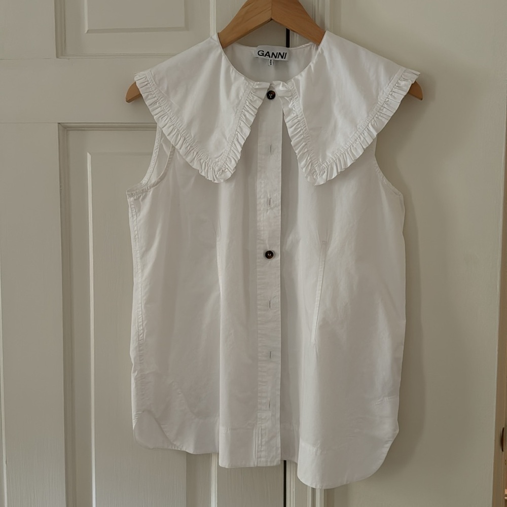 Ganni Cotton Poplin Collared Sleeveless Top